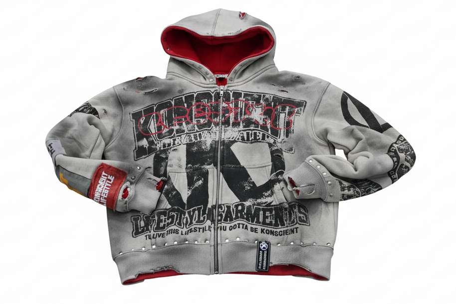 “AGED DISTRESSED” ZIP-UP HOODIE